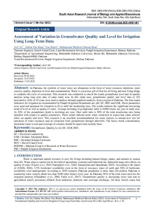(PDF) Assessment of Variation in Groundwater Quality and Level for ...