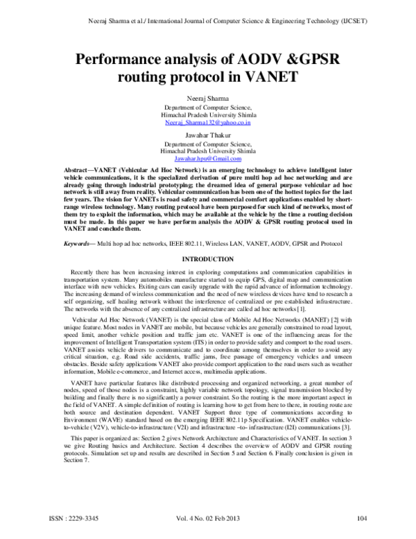 (PDF) Performance analysis of AODV &GPSR routing protocol in VANET