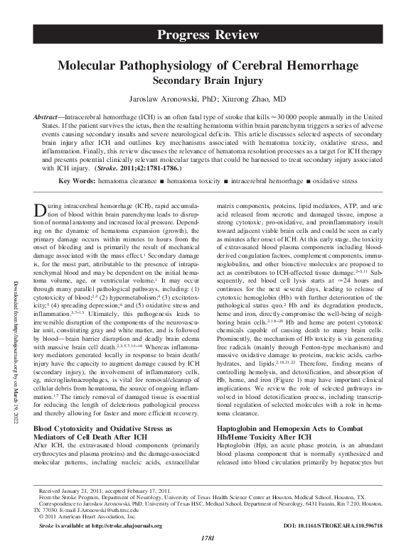 (PDF) Molecular Pathophysiology of Cerebral Hemorrhage: Secondary Brain ...