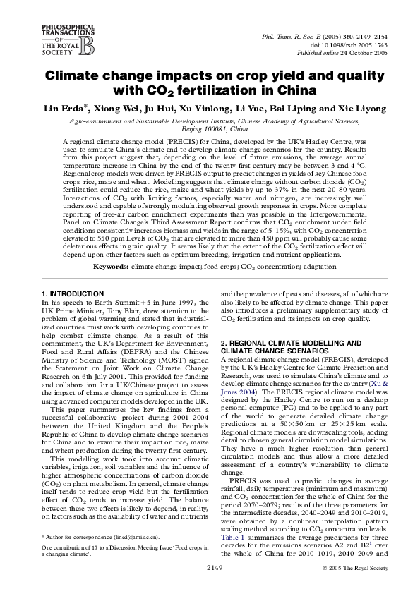 (PDF) Climate change impacts on crop yield and quality with CO2 ...