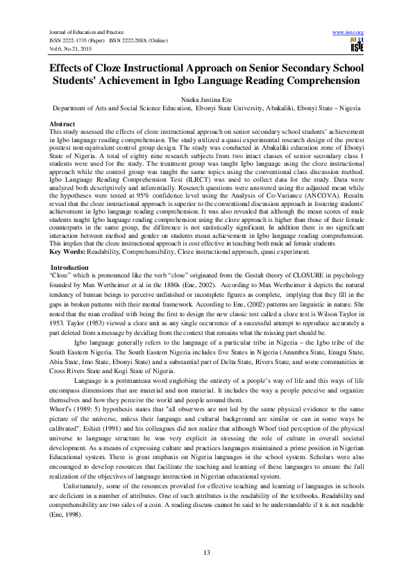 (PDF) Effects of Cloze Instructional Approach on Senior Secondary ...