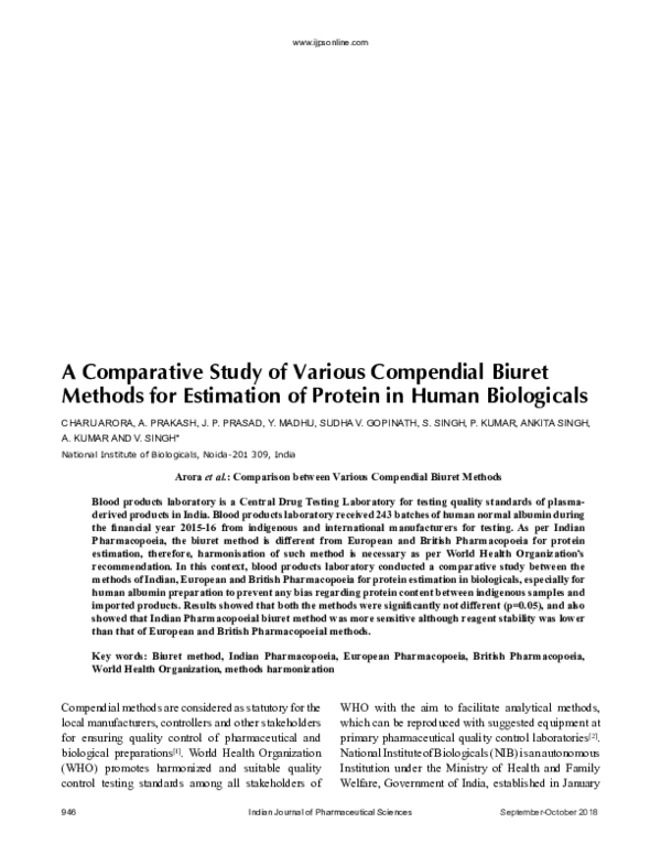(PDF) A Comparative Study of Various Compendial Biuret Methods for ...