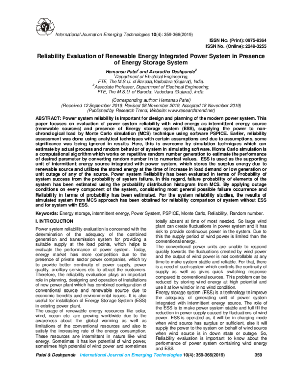 (PDF) Reliability Evaluation of Renewable Energy Integrated Power ...