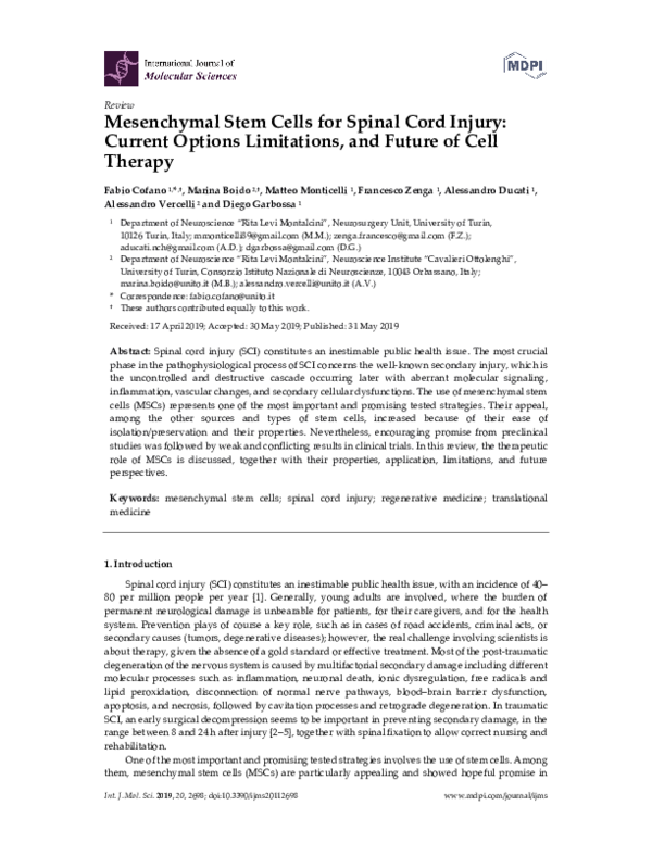 (PDF) Mesenchymal Stem Cells for Spinal Cord Injury: Current Options ...
