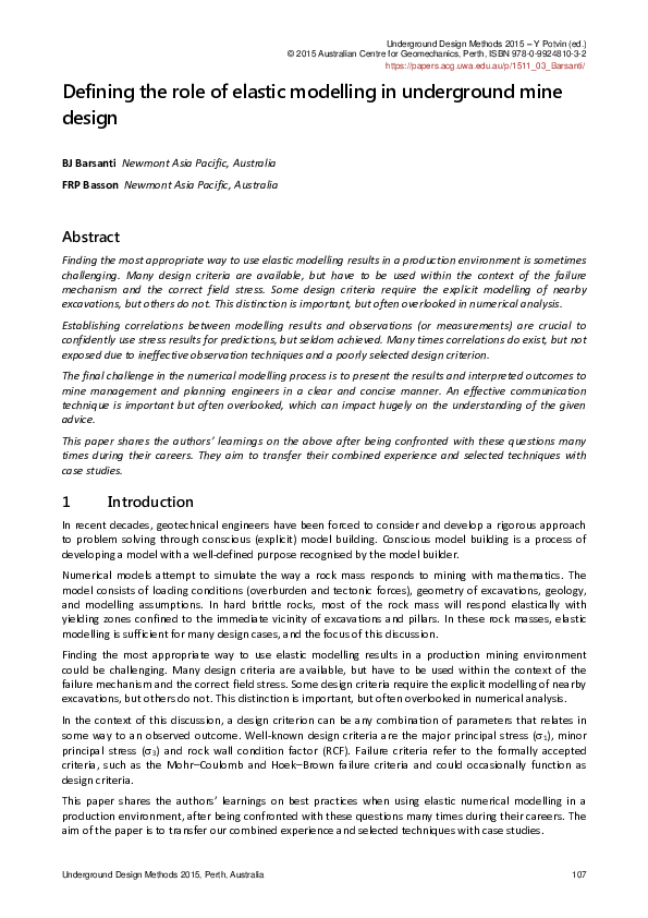 (PDF) Defining the role of elastic modelling in underground mine design