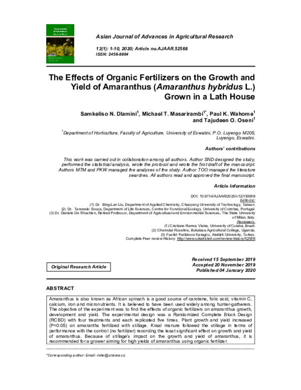 (PDF) The Effects of Organic Fertilizers on the Growth and Yield of ...