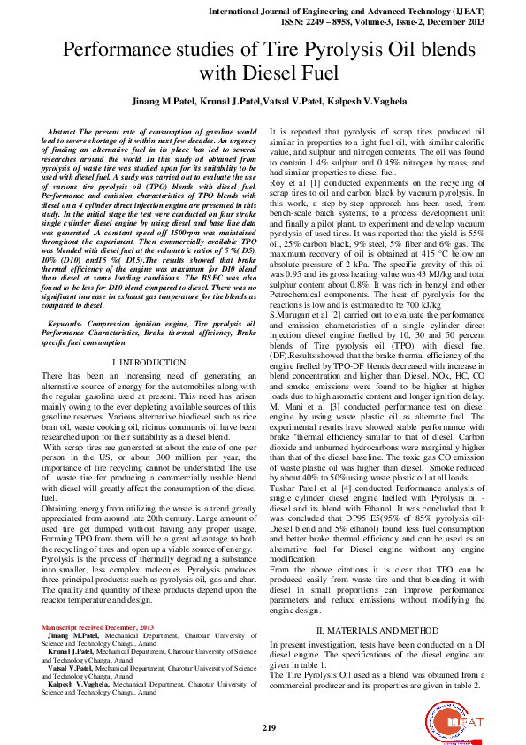 (PDF) Performance studies of Tire Pyrolysis Oil blends with Diesel Fuel
