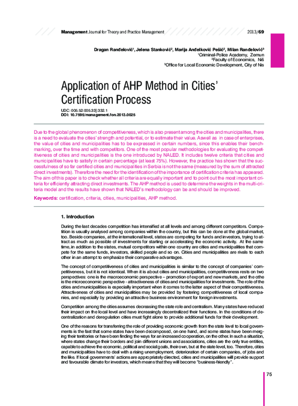 (PDF) Application of AHP Method in Cities’ Certification Process