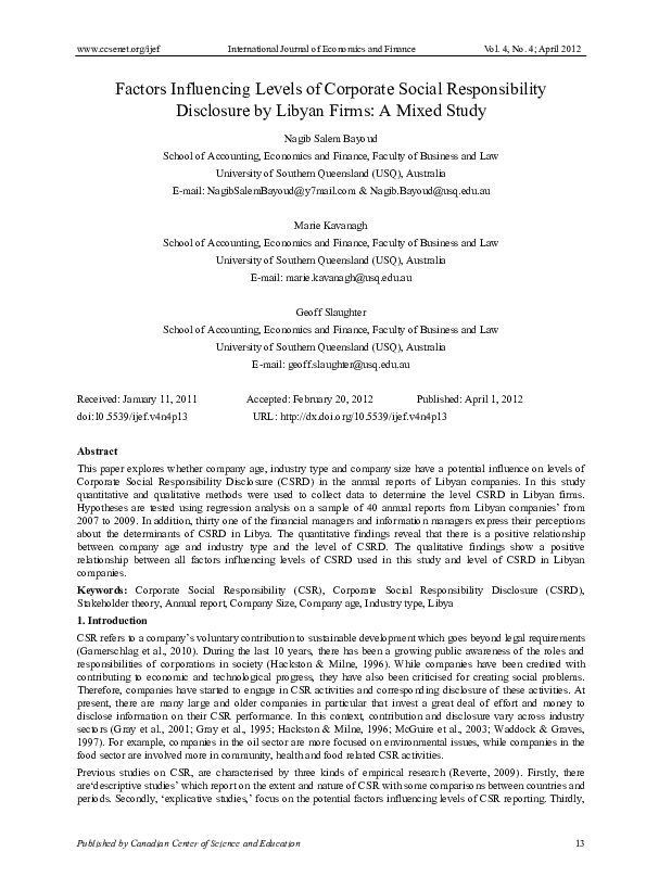 (PDF) Factors Influencing Levels of Corporate Social Responsibility ...