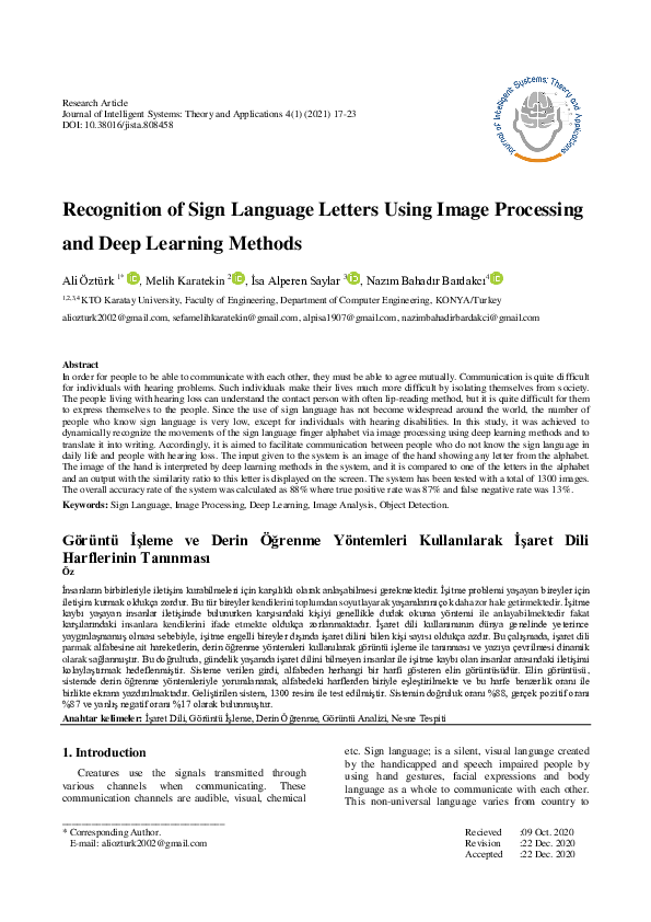 (PDF) Recognition of Sign Language Letters Using Image Processing and ...