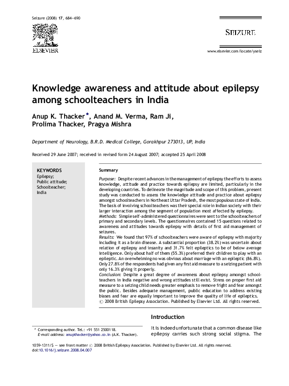 (PDF) Knowledge awareness and attitude about epilepsy among ...