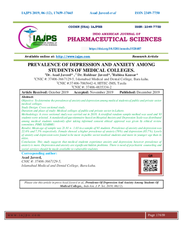 (PDF) PREVALENCE OF DEPRESSION AND ANXIETY AMONG STUDENTS OF MEDICAL ...