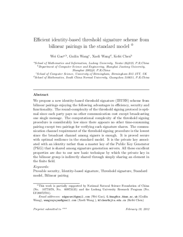 (PDF) Efficient identity-based threshold signature scheme from bilinear ...