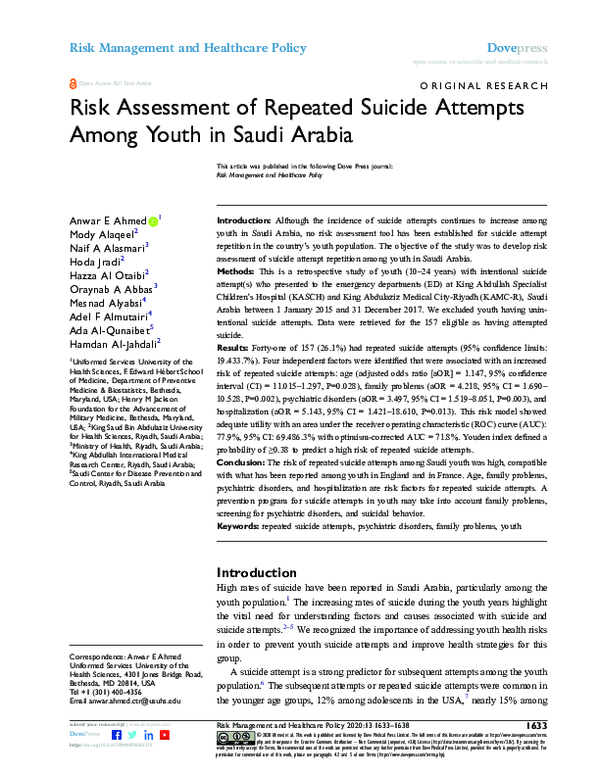 (PDF) Risk Assessment of Repeated Suicide Attempts Among Youth in Saudi ...