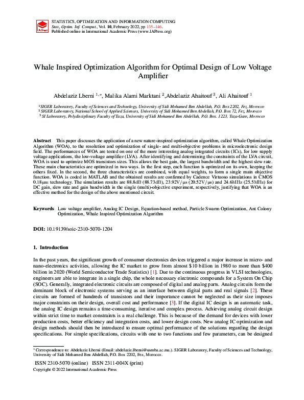 (PDF) Whale Inspired Optimization Algorithm for Optimal Design of Low ...