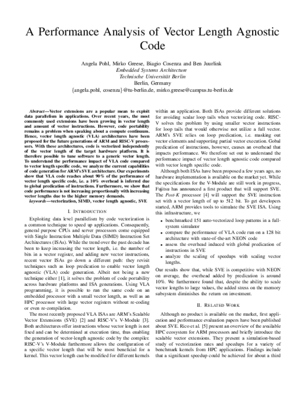 (PDF) A Performance Analysis of Vector Length Agnostic Code