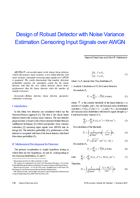 (PDF) Design of Robust Detector with Noise Variance Estimation ...
