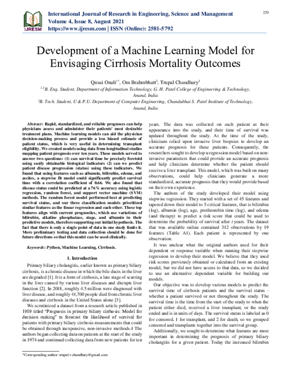 (PDF) Development of a Machine Learning Model for Envisaging Cirrhosis ...