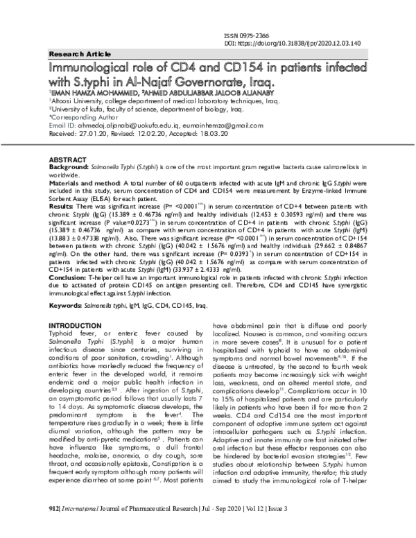 (PDF) Immunological role of CD4 and CD154 in patients infected with S ...