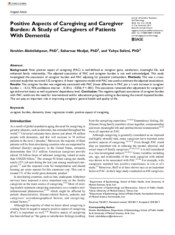 (PDF) Positive Aspects of Caregiving and Caregiver Burden: A Study of ...