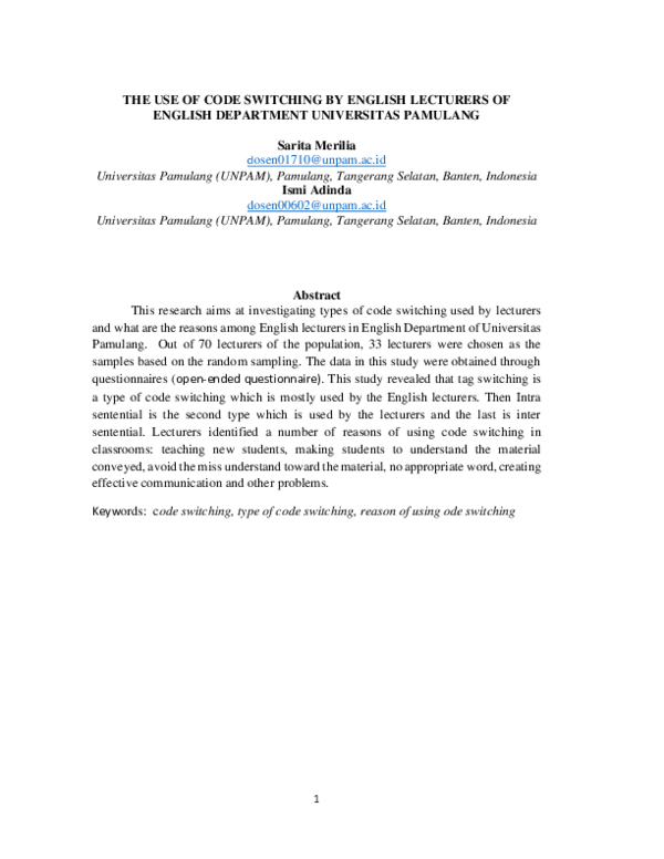 (PDF) The Use of Code Switching by English Lecturers of English Department