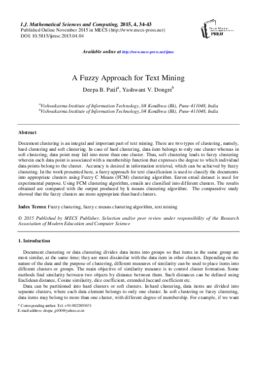 (PDF) A Fuzzy Approach for Text Mining