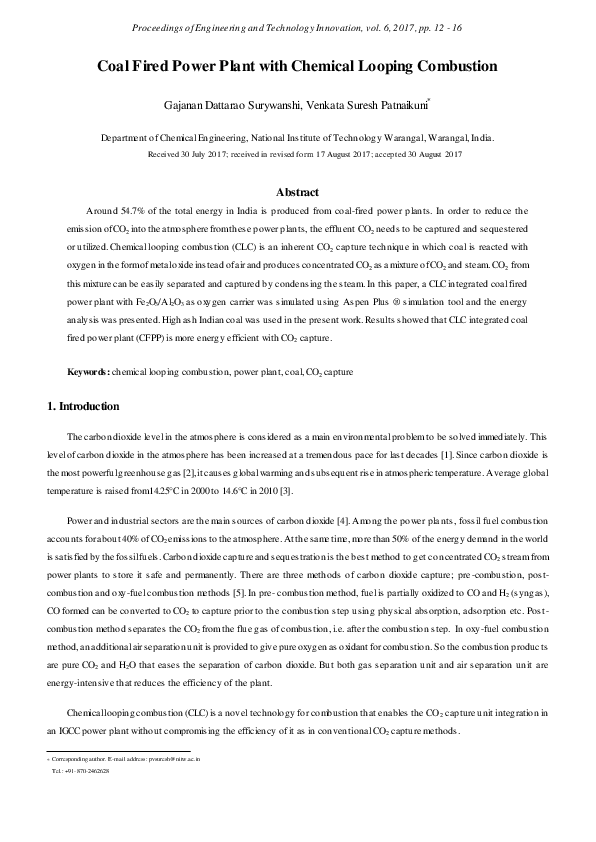 (PDF) Coal Fired Power Plant with Chemical Looping Combustion