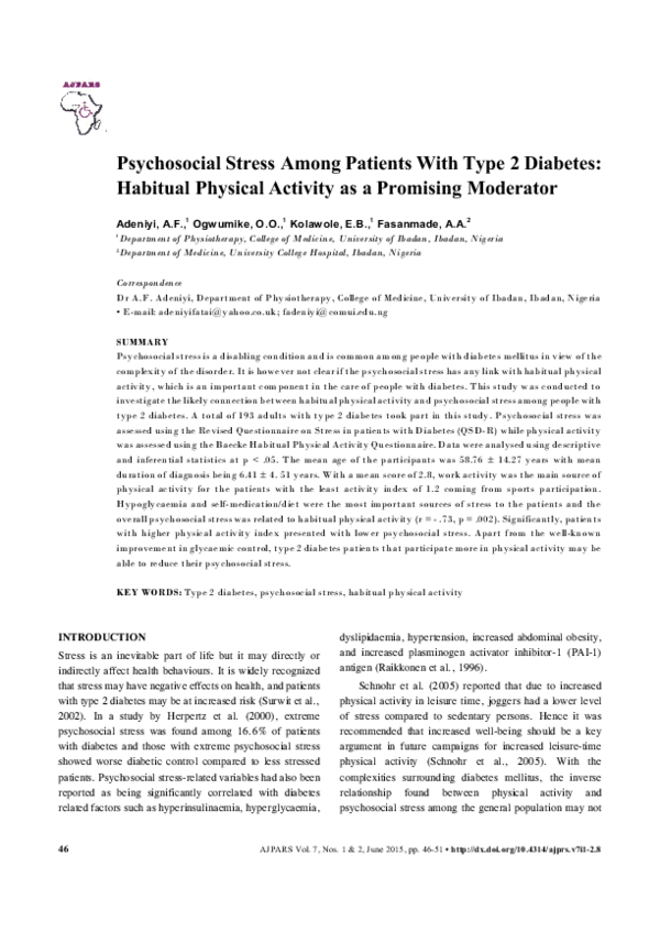 (PDF) Psychosocial stress among patients with type 2 diabetes: habitual ...