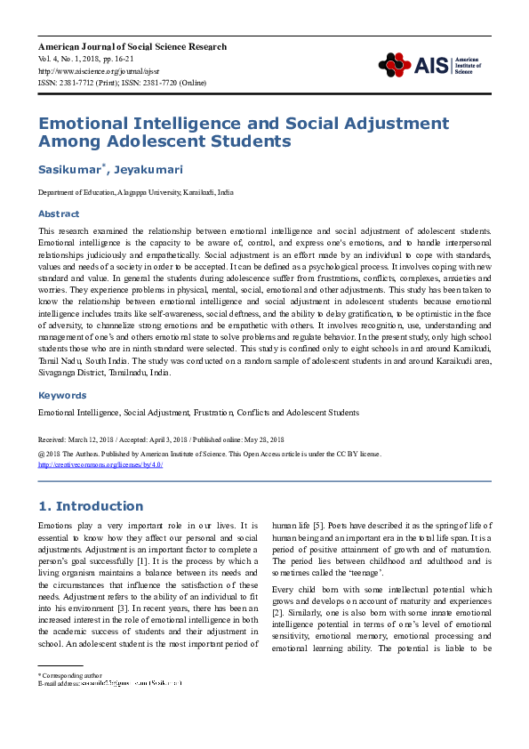 (PDF) Emotional Intelligence and Social Adjustment Among Adolescent ...