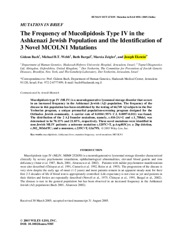 (PDF) The frequency of mucolipidosis type IV in the Ashkenazi Jewish ...