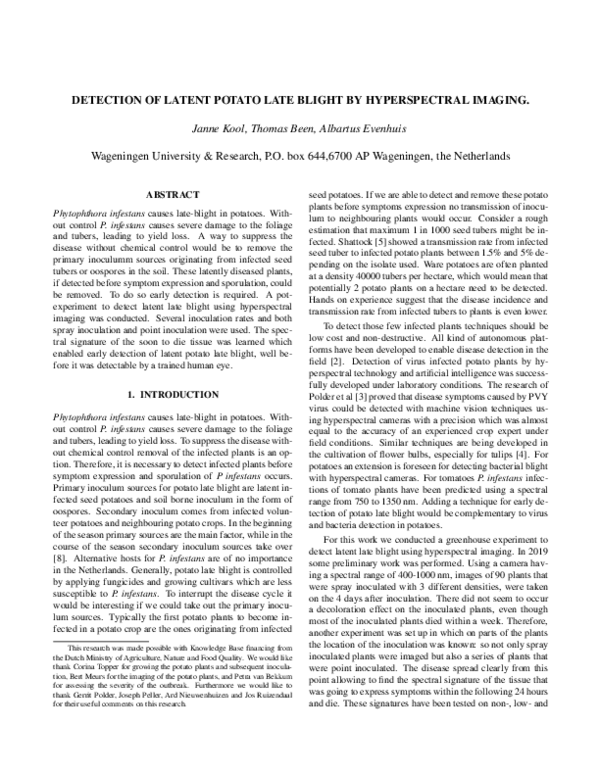 (PDF) Detection of Latent Potato Late Blight by Hyperspectral Imaging