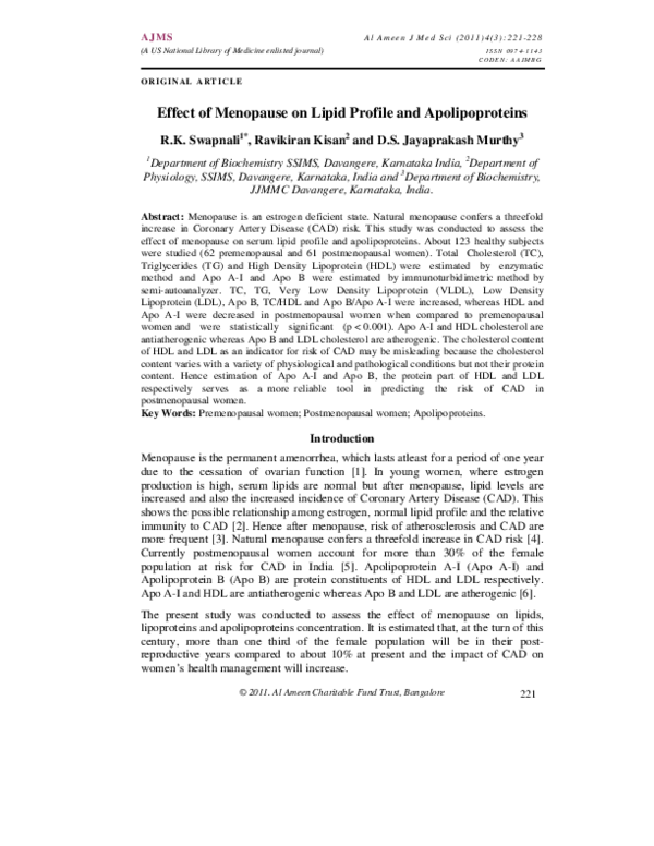 (PDF) Effect of Menopause on Lipid Profile and Apolipoproteins