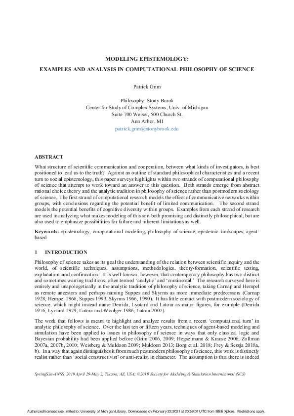 (PDF) Modeling Epistemology: Examples and Analysis in Computational ...