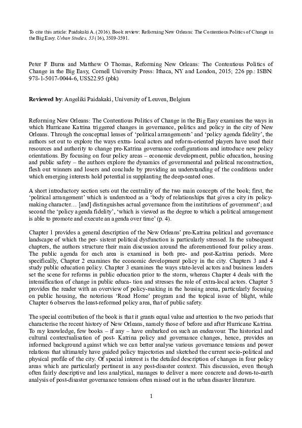 Reforming New Orleans: The Contentious Politics of Change in the Big Easy