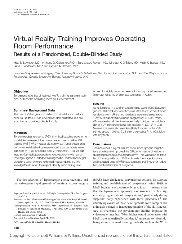 (PDF) Virtual Reality Training Improves Operating Room Performance