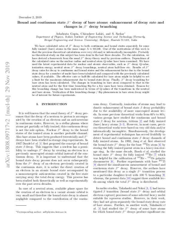 (PDF) Bound and continuum state β− decay of bare atoms: Enhancement of ...