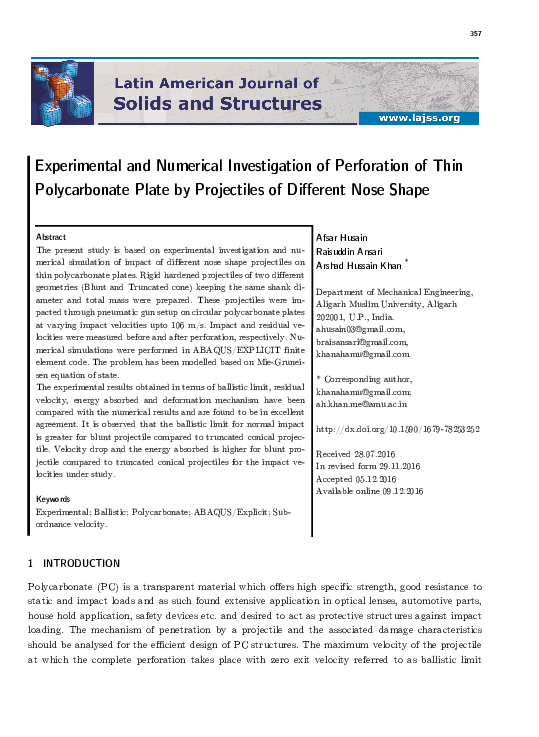 (PDF) Experimental and Numerical Investigation of Perforation of Thin ...