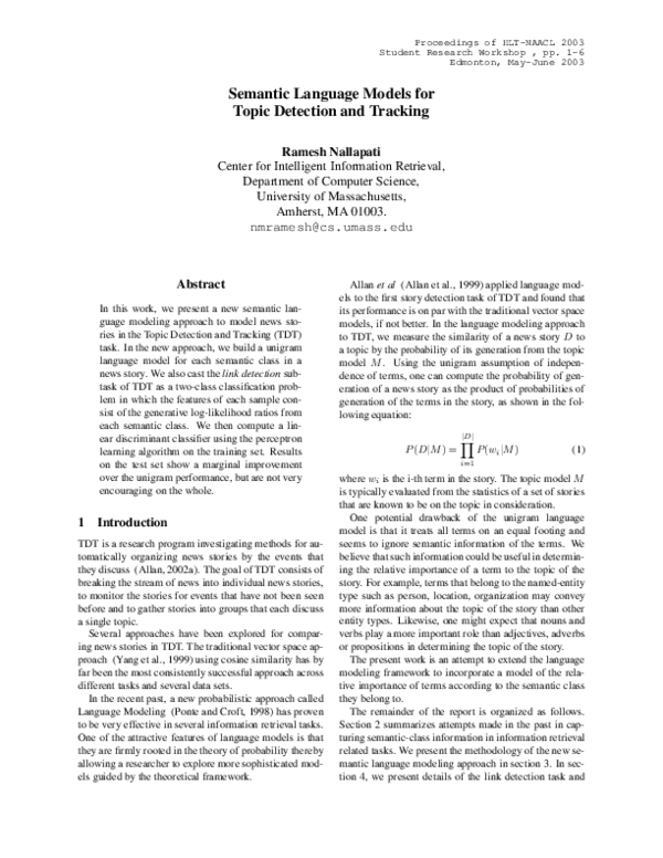 (PDF) Semantic language models for topic detection and tracking