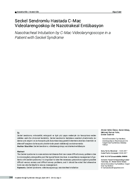 (PDF) Nasotracheal Intubation of a Patient with Seckel Syndrome by C ...