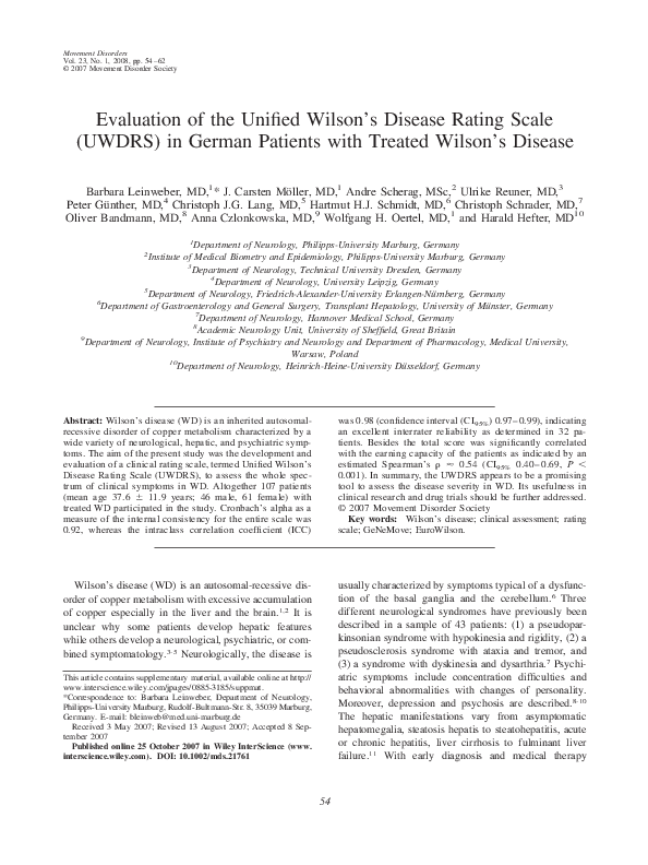 (PDF) Evaluation of the Unified Wilson's Disease Rating Scale (UWDRS ...