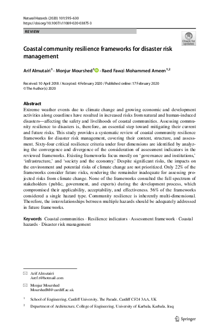 Pdf Coastal Community Resilience Frameworks For Disaster Risk Management
