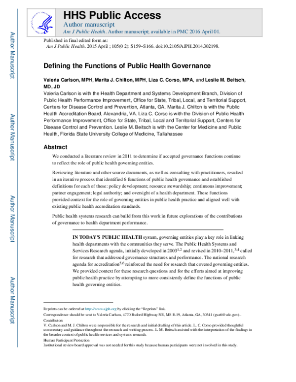 (PDF) Defining the functions of public health governance