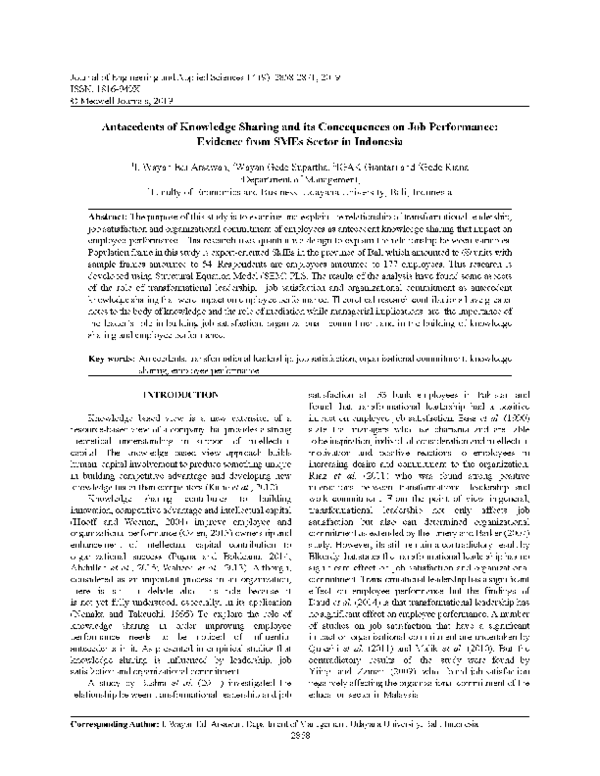 (PDF) Antacedents of Knowledge Sharing and its Concequences on Job ...
