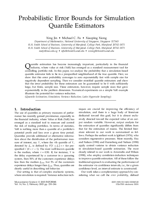 (PDF) Probabilistic Error Bounds for Simulation Quantile Estimators