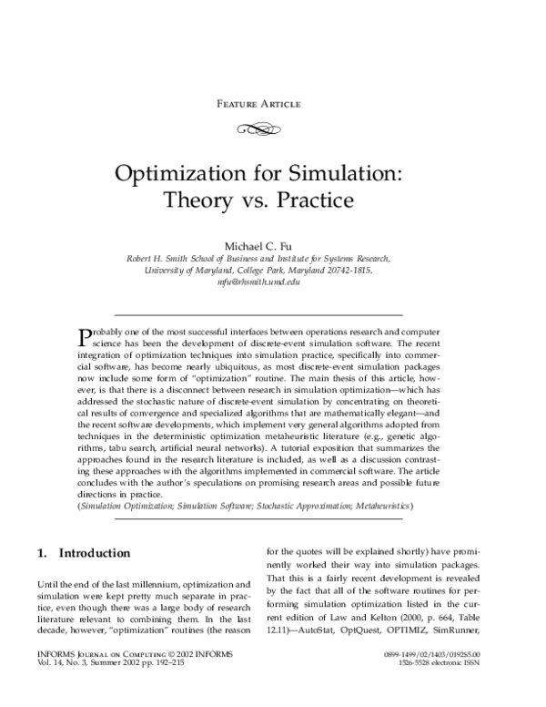 (PDF) Feature Article: Optimization for simulation: Theory vs. Practice