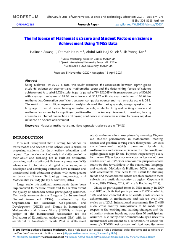 (PDF) The Influence of Mathematics Score and Student Factors on Science ...