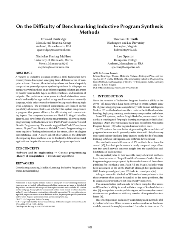 (PDF) On the difficulty of benchmarking inductive program synthesis methods