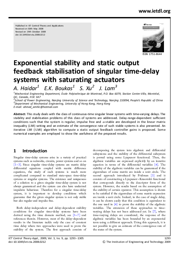 (PDF) Exponential stability and static output feedback stabilisation of ...