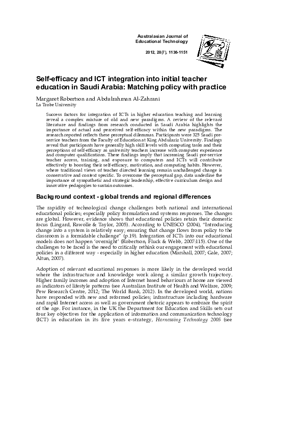 (PDF) Self-efficacy and ICT integration into initial teacher education ...