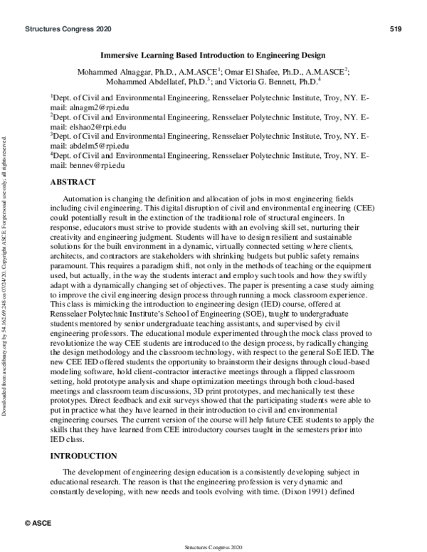 (PDF) Immersive Learning Based Introduction to Engineering Design